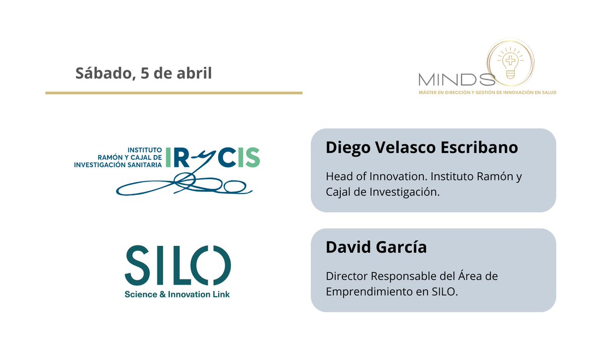 Hoy en MINDS 
🗣️Diego Velasco Escribano, Head of Innovation en IRYCIS 
🗣️David García Hernández, Director del Área de Emprendimiento en SILO

👉Hablamos sobre financiación privada para la innovación, principalmente inversión en startups.