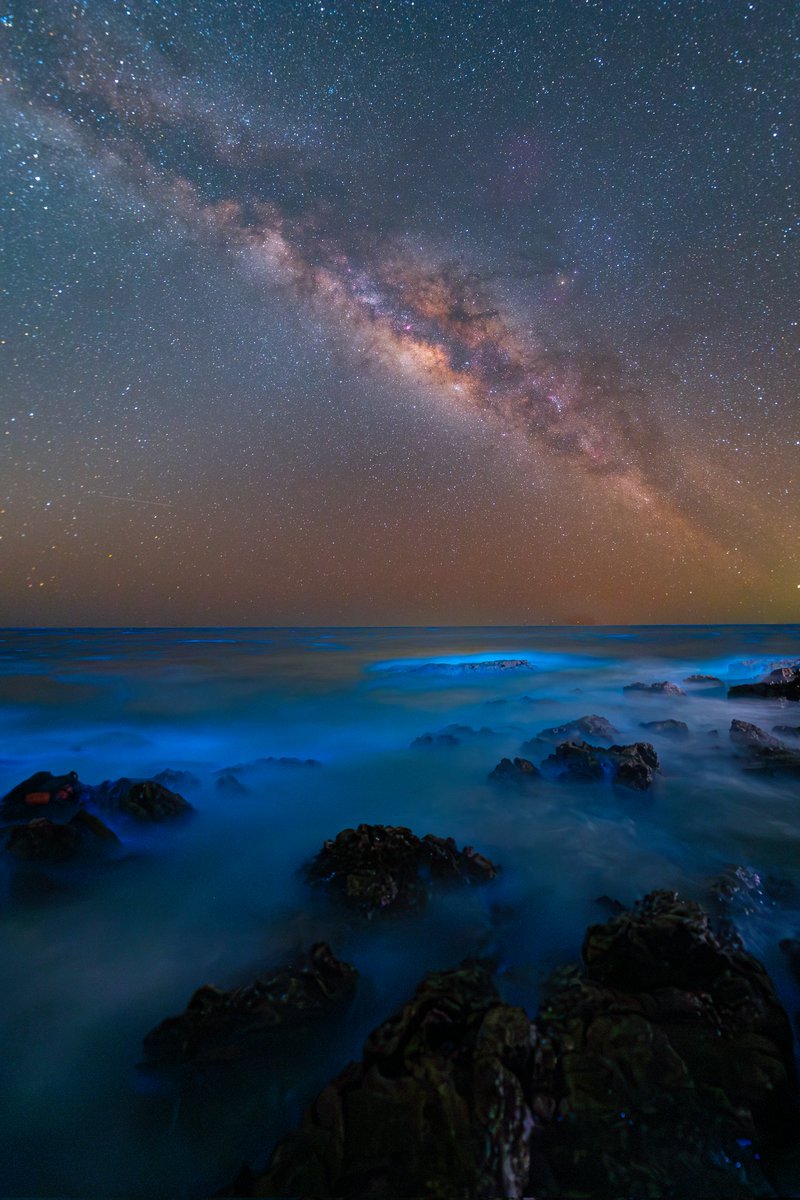 لقاء نجوم السماء بنجوم الارض
في رحلة إلى منطقة خالية من التلوث
الضوئي مع أصدقاء السماء، التقطت هذه
الصورة لذراع مجرتنا مع ظاهرة التلألؤ
البيلوجي في مشهدٍ أخّاذ الجمال 🌀 🌌

📍شاطي خلوف