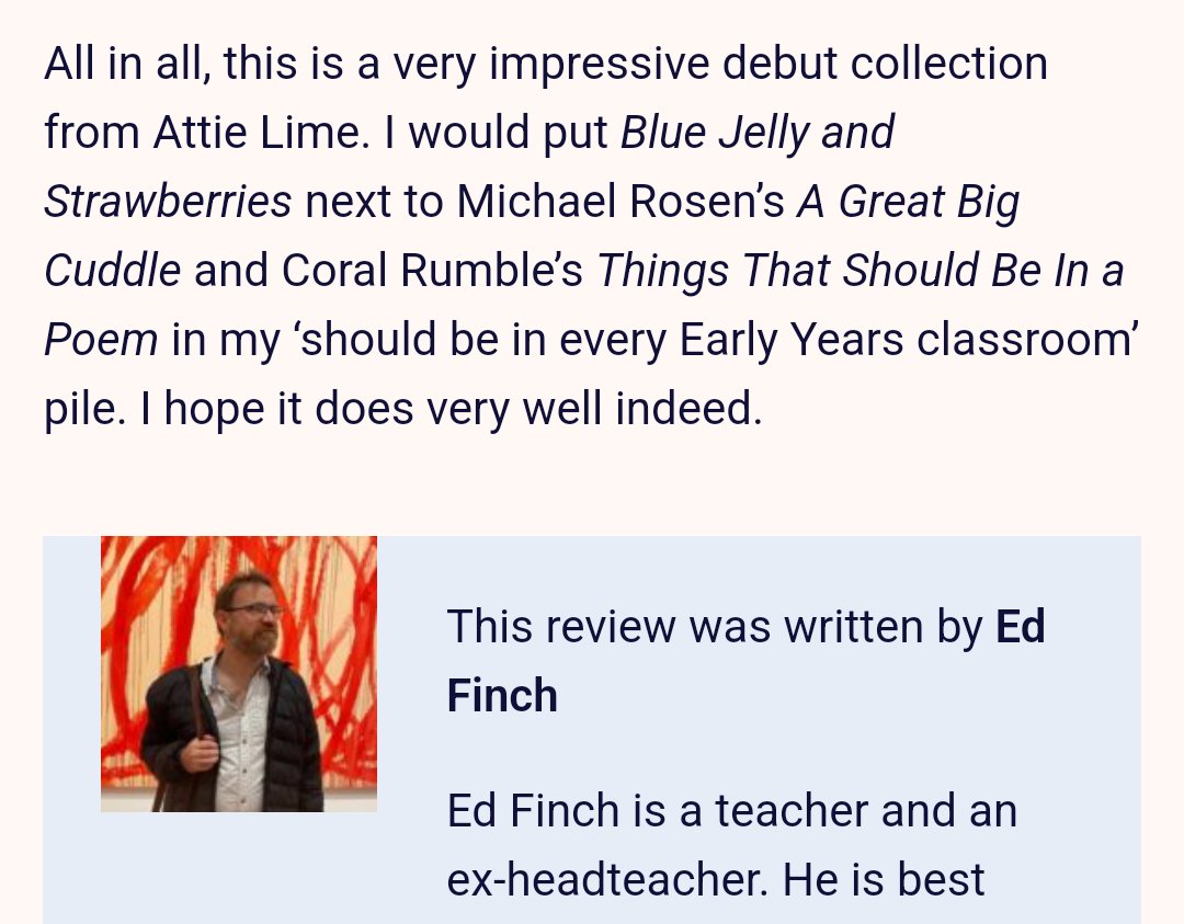 Attie Lime - Blue Jelly & Strawberries 🍓 (@attielime) on Twitter photo Huge thanks to <a href="/MrEFinch/">Ed Finch</a> for such a considered and detailed review of Blue Jelly, on <a href="/imaginecentre/">Just Imagine</a>. Chuffed to bits to be mentioned alongside <a href="/MichaelRosenYes/">Michael Rosen 💙💙🎓🎓 NICE 爷爷</a> and <a href="/RumbleCoral/">Coral Rumble</a>. Read the whole review here:
justimagine.co.uk/childrens-book… Huge thanks to <a href="/MrEFinch/">Ed Finch</a> for such a considered and detailed review of Blue Jelly, on <a href="/imaginecentre/">Just Imagine</a>. Chuffed to bits to be mentioned alongside <a href="/MichaelRosenYes/">Michael Rosen 💙💙🎓🎓 NICE 爷爷</a> and <a href="/RumbleCoral/">Coral Rumble</a>. Read the whole review here:
justimagine.co.uk/childrens-book…