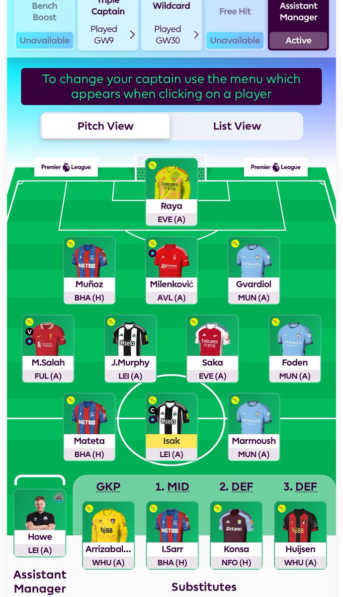 MichaelSSaville's tweet image. FPL GW31 squad…

Gabriel ➡️ Milenkovic (FT)
Livramento ➡️ Huijsen (FT)

🍟 AM Howe
©️ Issk, (v) Salah
🧤 Raya

🌎 542k OR, total 1943pts

👥 £105.7m, 💰 £0.6m ITB
#fpl #assistantmanager #gw31