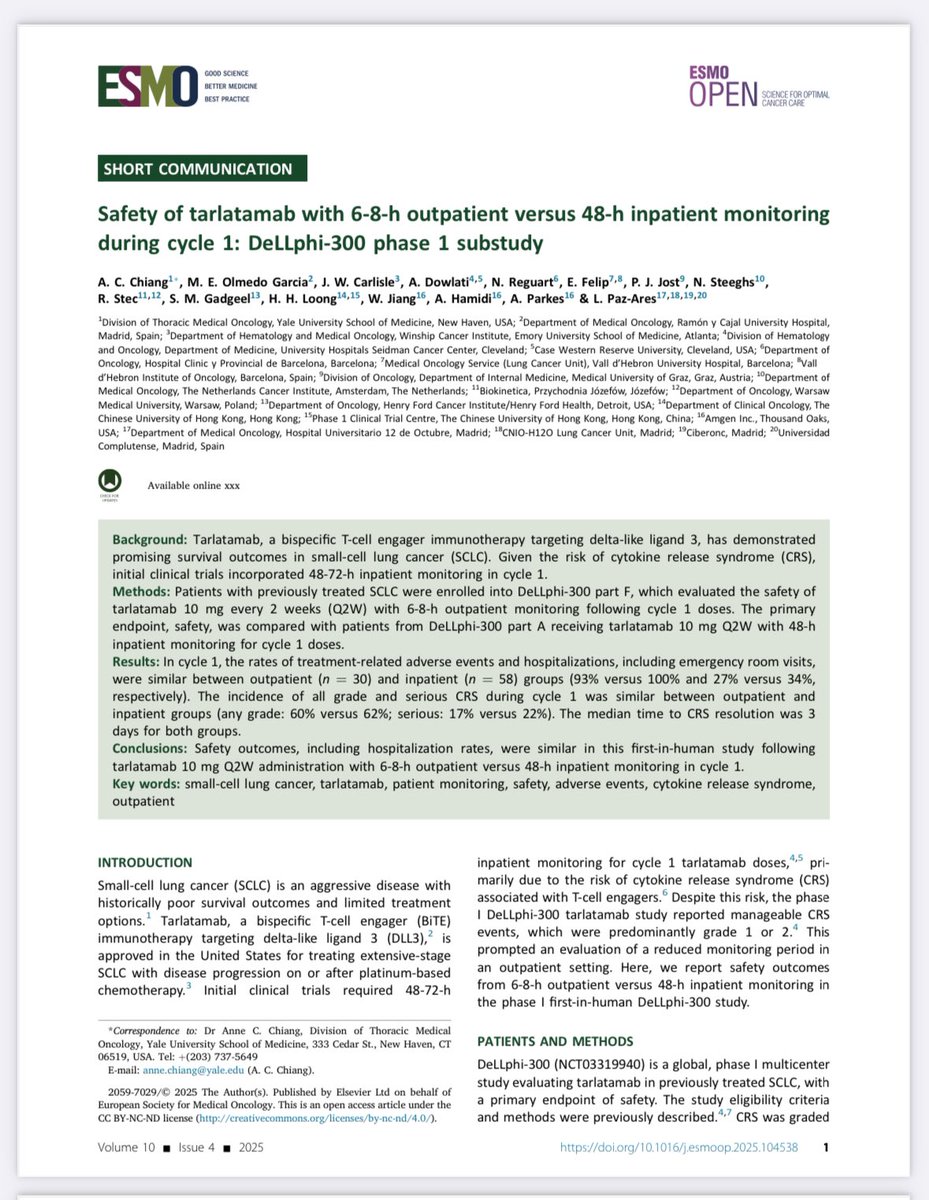 Herbert Loong, MBBS, FASCO (@herbloong) on Twitter photo Happy to share our recent <a href="/ESMO_Open/">ESMO Open</a> paper on the #safety and #feasibility of #outpatient administration of #tarlatamab as part of the #DeLLphi300 study providing evidence that support less intensive monitoring at initiation of therapy. #LCSM 🫁 #SCLC <a href="/LuisPaz_Ares/">Luis Paz-Ares</a> <a href="/NReguart/">Noemi Reguart</a> Happy to share our recent <a href="/ESMO_Open/">ESMO Open</a> paper on the #safety and #feasibility of #outpatient administration of #tarlatamab as part of the #DeLLphi300 study providing evidence that support less intensive monitoring at initiation of therapy. #LCSM 🫁 #SCLC <a href="/LuisPaz_Ares/">Luis Paz-Ares</a> <a href="/NReguart/">Noemi Reguart</a>