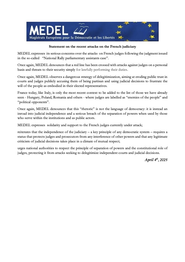 <a href="/MedelEurope/">MEDEL</a>  expresses serious concerns over the recent attacks on the #French judiciary
#RuleOfLaw requires that criticism of judges’ decisions never turns into a delegitimization of their constitutional role
Traduci post
