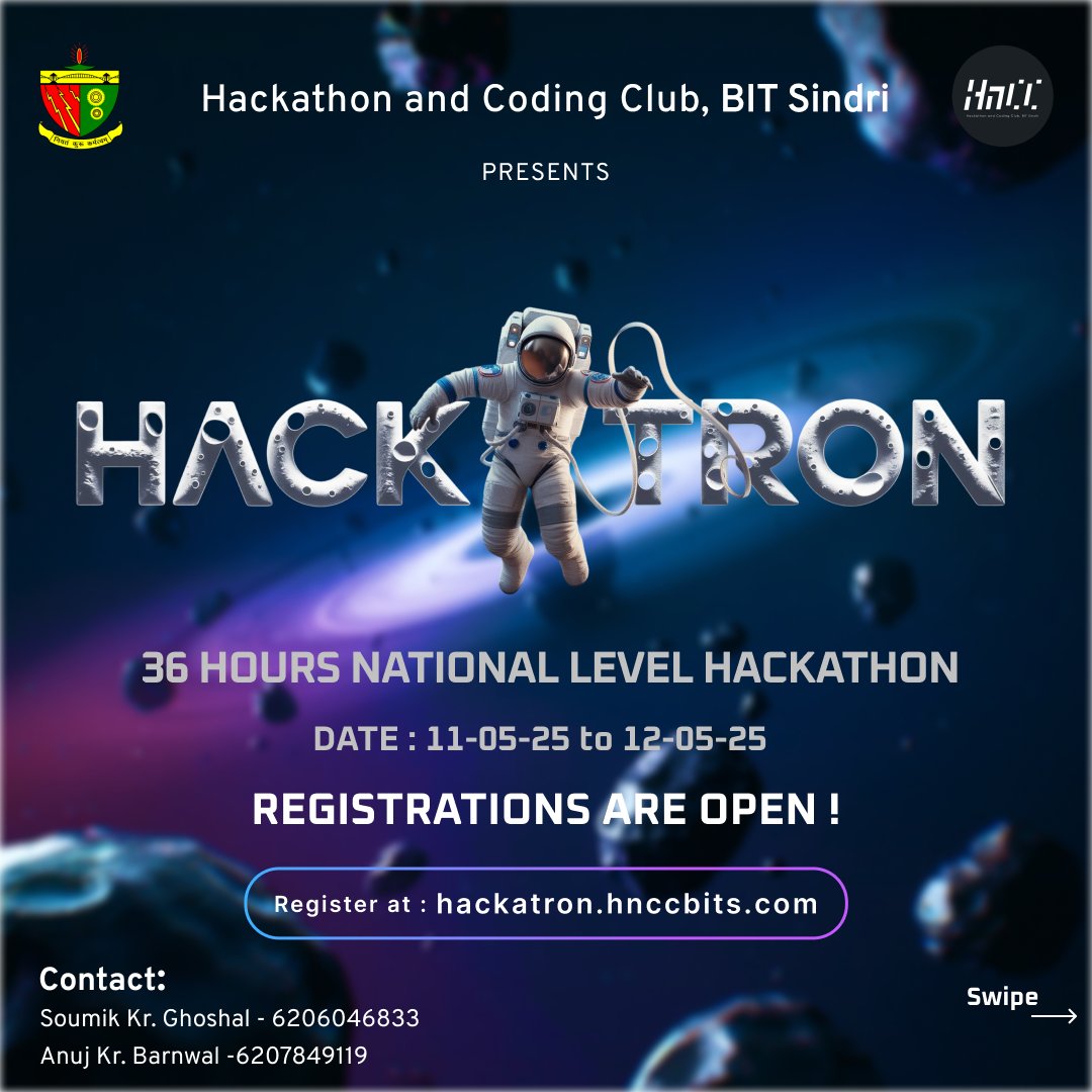 hnccbits's tweet photo. Hacktron is here !
A 36-hour hackathon where creativity meets code. Join the brightest minds as they build impactful solutions, collaborate across domains, and showcase next-level tech skills.
Register now: https://t.co/iQCYMlGLzI
#hncc #bitsindri #hacktron #hackathon https://t.co/MPMMNHmnR3