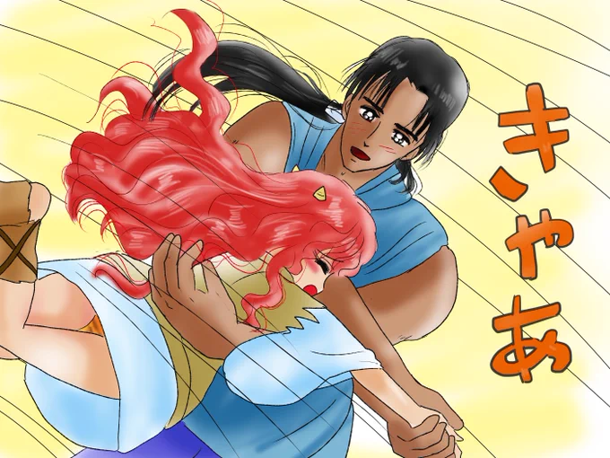 昔のイラスト紹介 福娘童話集昔話3     「人食い鬼の娘」6あらすじ)父親鬼の声援もむなしく負けてしまう人食い鬼の娘「負けてしもうた」呆然「えい!何をしておる!」2人を引き離した父鬼は・・続く   #昔話 
