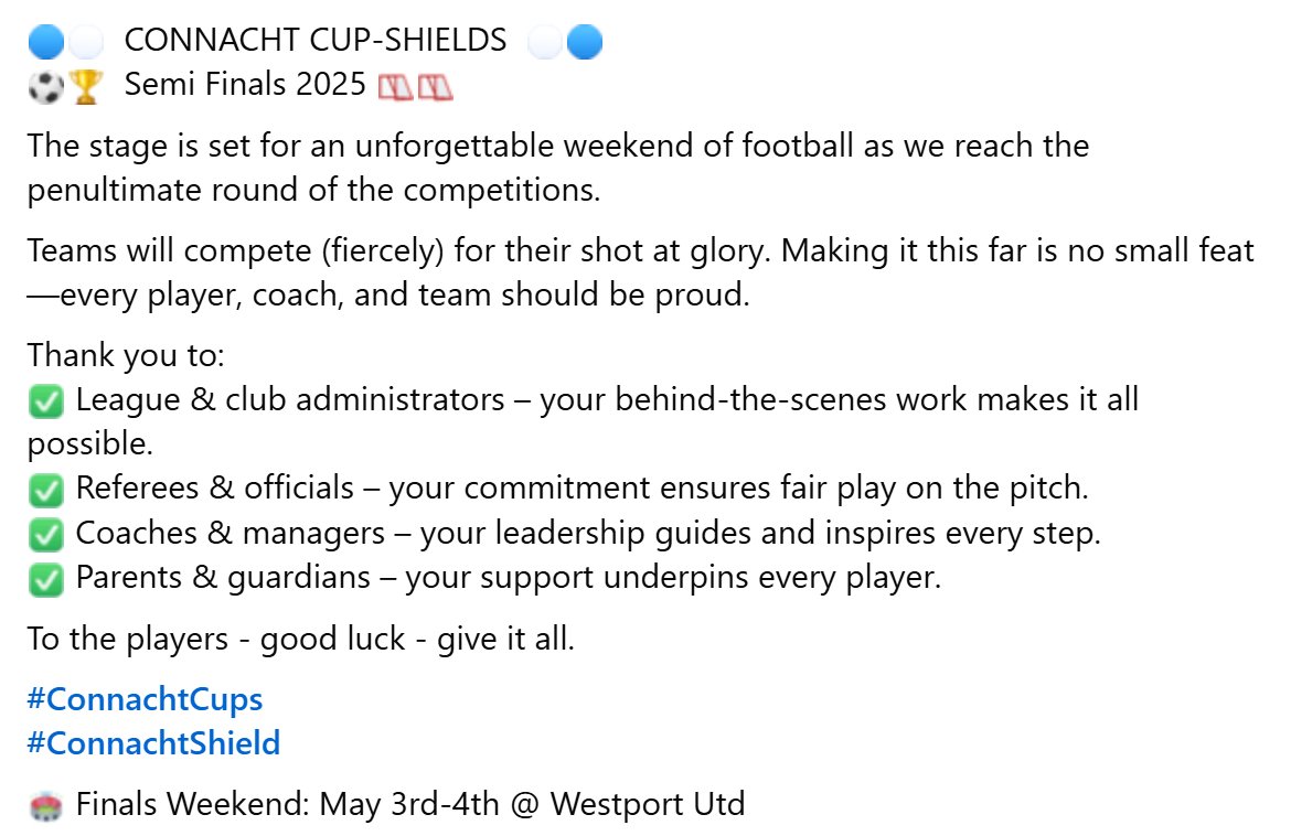 🔵⚪ Connacht Cup/Shield Semi-Finals

⚽🏆 The stage is set for some brilliant football

Well done to all players, coaches, and supporters

Good luck! 🌟

#ConnachtCups #ConnachtShield