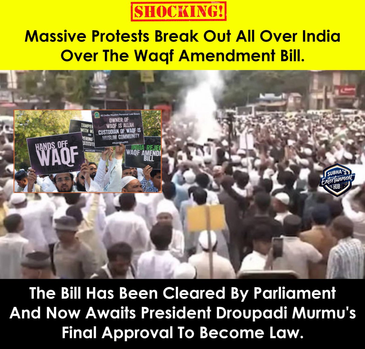 SubhaHub's tweet image. Nationwide Protests Erupt As Waqf Bill Awaits President's Nod! 🏛️🔥 #WaqfAmendmentBill #IndiaNews #ProtestUpdates