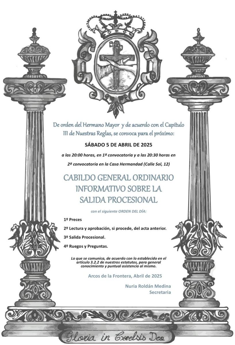 CABILDO GENERAL ORDINARIO INFORMATIVO SOBRE LA SALIDA PROCESIONAL 

📅 Hoy, 5 de Abril.
🕗 20:00 horas en 1ª convocatoria.
🕣 20:30 horas en 2ª convocatoria.
📍 Casa Hermandad, C/Sol N°12.

#PazyBien