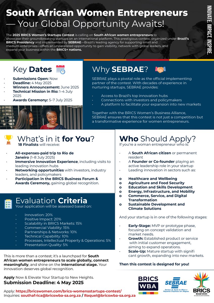 BRICSWBA_SA's tweet photo. Tweet 1:
🚨 Attention South African Women Entrepreneurs!
The 2025 BRICS Women’s Startups Contest is now open! Organized by BRICS WBA &amp; SEBRAE, this is your chance to scale globally. 
#WomenInTech #BRICSWomen https://t.co/KwI3927pCT