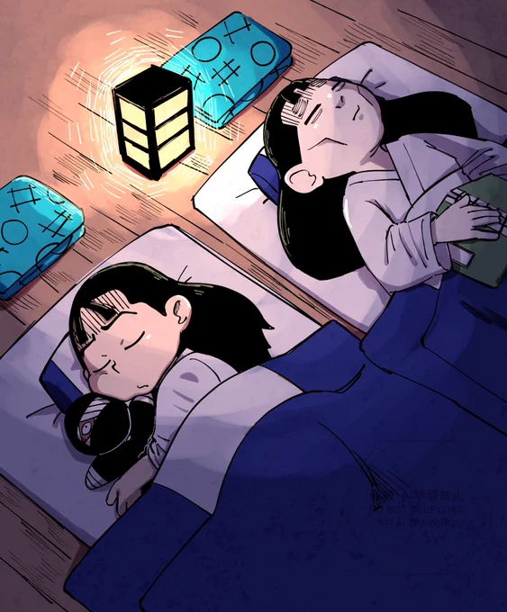 同室伏は雑さん人形と寝るしあやかしまるは難しい本を読みながら寝る1年ろ組のよい子、青ざめてるせいで魘されているように見えるが、健やかに寝てるけです 