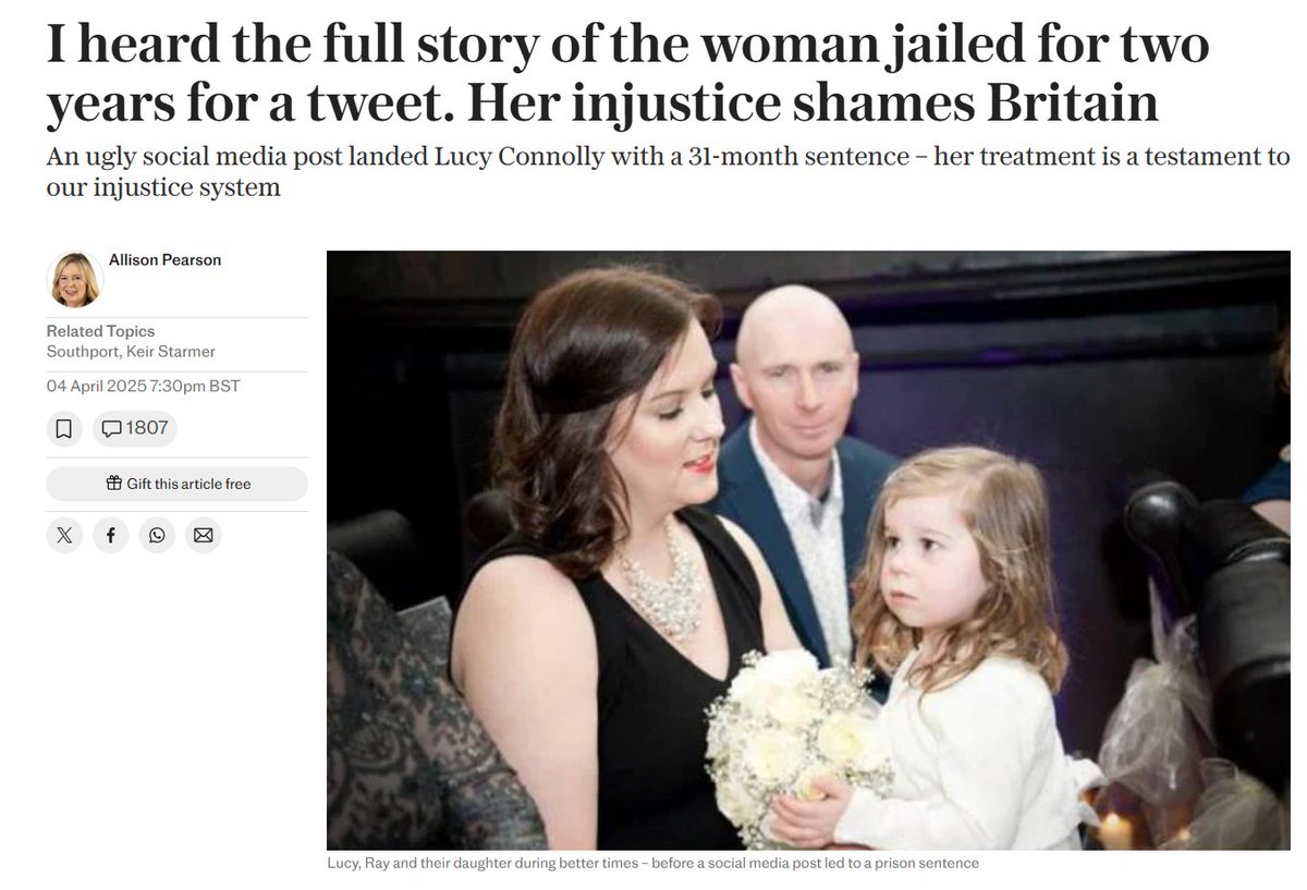 Adrian Hilton (@adrian_hilton) on Twitter photo I haven't thought about Lucy Connolly since I heard of her vile tweet, her plea of guilty, and her sentence of imprisonment. “She must have deserved it”, indeed. <a href="/AllisonPearson/">Allison Pearson</a> has changed my mind. It is a gross injustice. A fine piece of journalism. telegraph.co.uk/news/2025/04/0… I haven't thought about Lucy Connolly since I heard of her vile tweet, her plea of guilty, and her sentence of imprisonment. “She must have deserved it”, indeed. <a href="/AllisonPearson/">Allison Pearson</a> has changed my mind. It is a gross injustice. A fine piece of journalism. telegraph.co.uk/news/2025/04/0…