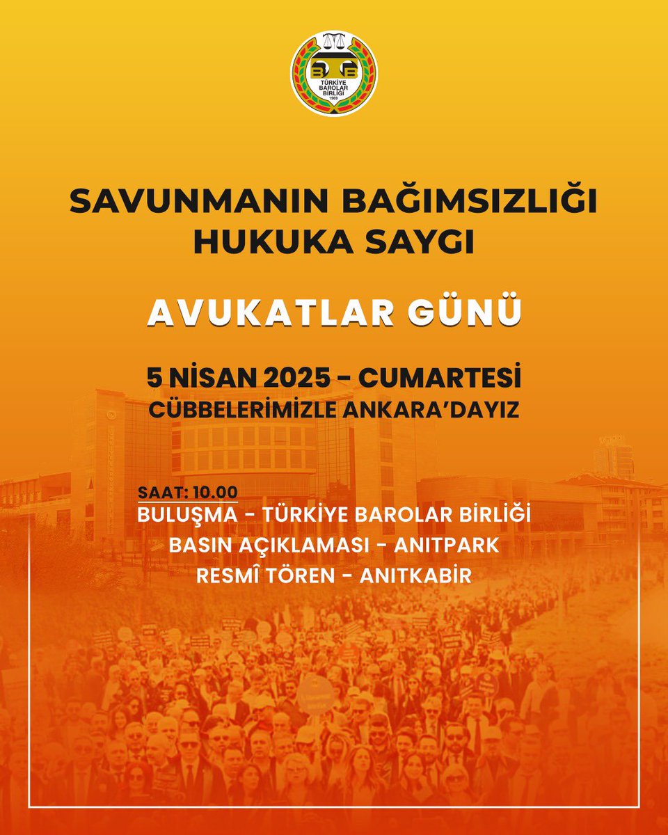 ⚖️ SAVUNMANIN BAĞIMSIZLIĞI HUKUKA SAYGI

📢 05 Nisan 2025 Cumartesi günü Cübbelerimizle Ankara'dayız

⏰ 10:00
📍Buluşma - Türkiye Barolar Birliği
📍Basın Açıklaması - Anıtpark
📍Resmî Tören - Anıtkabir