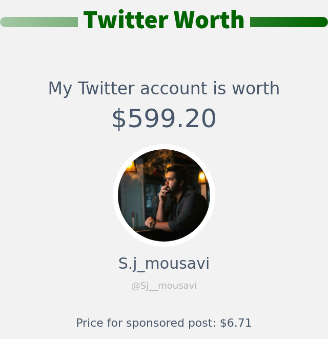 Sj__mousavi's tweet photo. My Twitter worth is: $599.20

➡️ https://t.co/tD9Ag4nalA https://t.co/XtLsPQurAs