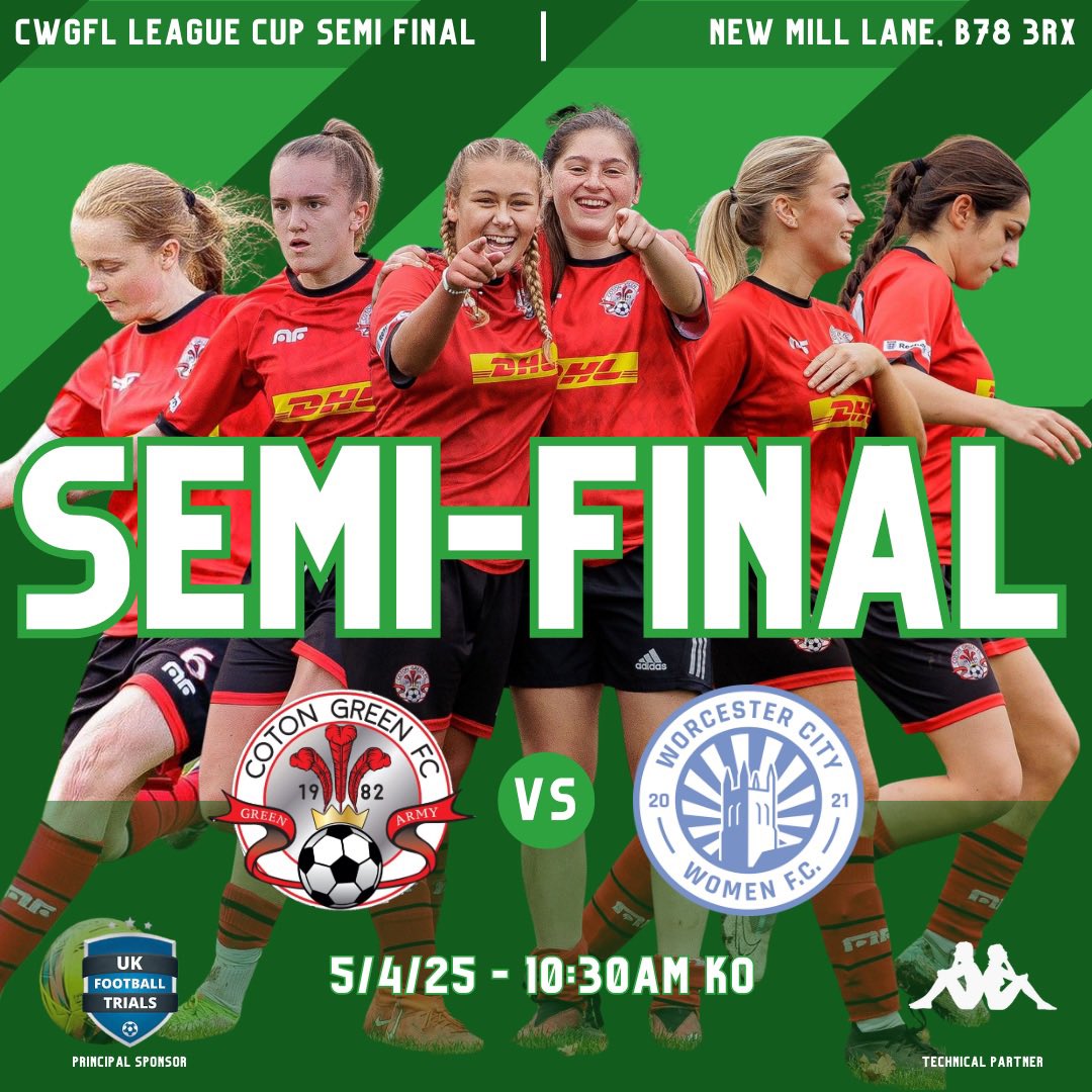 Coton Green Ladies (@cotonladies) on Twitter photo β½οΈ | U18 GAMEDAY
Today our U18 Girls are in action at NML, and we need your support ππ»
We host Worcester City Girls in the Semi-Final of the CWGFL League Cup π
π 5/4/25
β° 10:30am
ποΈ NML, B78 3RX
A tough test awaits with a place in Mays final at stakeππ»
π’β«οΈπ΄
#GreenArmy β½οΈ | U18 GAMEDAY
Today our U18 Girls are in action at NML, and we need your support ππ»
We host Worcester City Girls in the Semi-Final of the CWGFL League Cup π
π 5/4/25
β° 10:30am
ποΈ NML, B78 3RX
A tough test awaits with a place in Mays final at stakeππ»
π’β«οΈπ΄
#GreenArmy