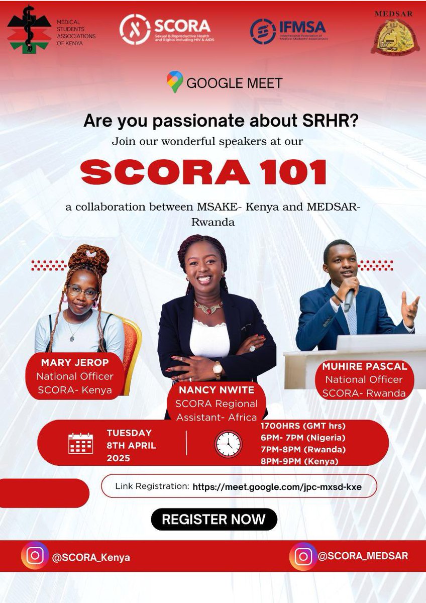 🌍✨ SCORA 101: Unveiling SRHR ✨🌍

📢 Don't miss this chance to learn, engage, and be empowered!

SCHEDULE ON YOUR CALENDAR: calendar.app.google/D7yKWr7Z2AFsNQ…

JOIN THE MEETING: meet.google.com/jpc-mxsd-kxe

Looking forward to have all our SCORAngels in this space❤️✨