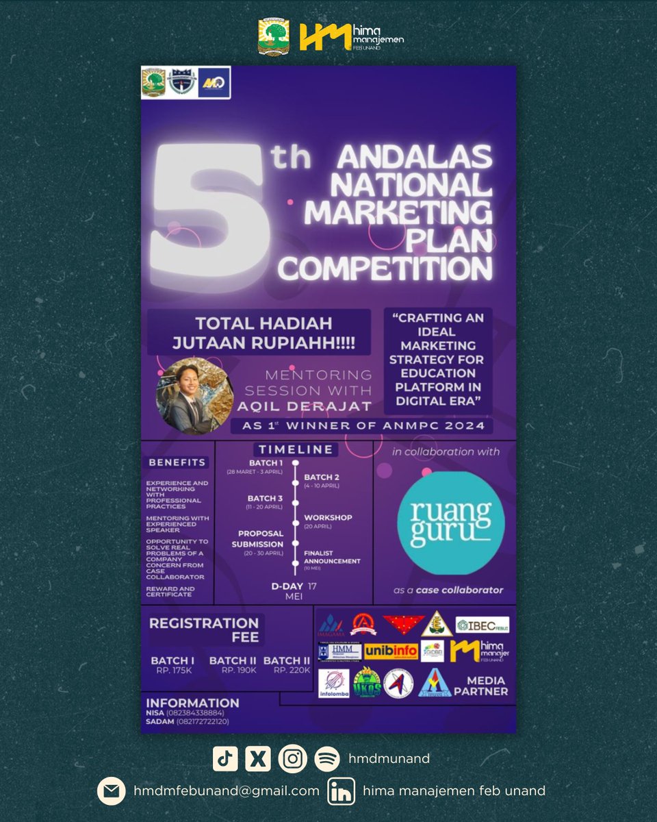hmdmunand's tweet photo. [OPEN REGISTRATION ANDALAS NATIONAL MARKETING PLAN COMPETITION 2025]

💢ANMPC 2025 X RUANGGURU💢

Kali ini, ANMPC kembali hadir dengan tema “Crafting an Ideal Marketing Strategy for Education Platform in Digital Era” event ini terbuka untuk seluruh mahasiswa/i se-Indonesia. https://t.co/uxaENZX6hg