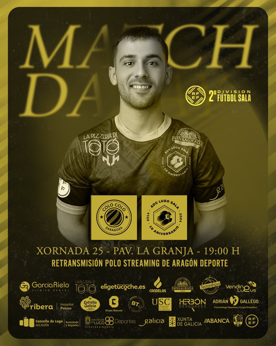 NUNCA RENDERSE, hoxe É DÍA DE LUGO SALA! ⚔️💛🖤

🗓️ Sábado 5 de abril - 19:00 H. 
🏟️ Pav. La Granja 
🆚 @EntrerriosZGZ 
🏆 #SegundaDivisionFS / Xornada 25
📺 cartv.es/aragondeporte/…

#ViaxaConNós