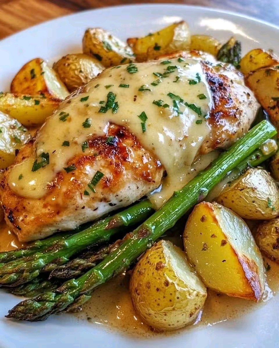 Honey Mustard Chicken with Roasted Asparagus and Cheese 🍯🍗🧀

Ingredients:

4 chicken breasts

4 tbsp honey

3 tbsp Dijon mustard

2 garlic cloves, minced

500g asparagus

4 medium potatoes

Instructions: 👇