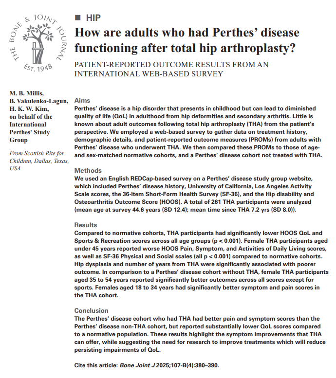Adult Perthes’ disease participants treated by THA had better pain and symptom scores than participants not treated with THA, but quality of life scores remained substantially lower than in the normative population.

#THA #Arthroplasty #Perthes <a href="/UofHaifa/">University of Haifa</a>

ow.ly/KEcJ50VrAiU