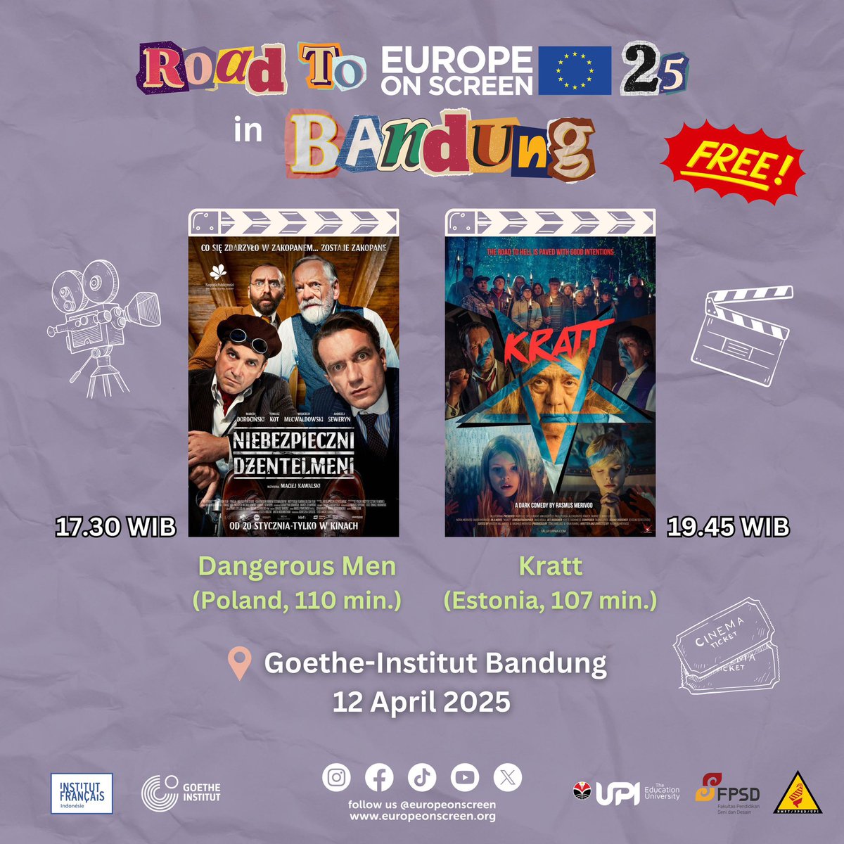 Hello BANDUNG! Ahead of the 25th edition of @europeonscreen Film Festival, come and watch 5 amazing films 🇵🇹 🇮🇪 🇪🇸 🇵🇱 🇪🇪 that were featured in previous EOS editions. Join us at #RoadToEOS in Bandung on 10, 11 and 12 April 🎥😍
