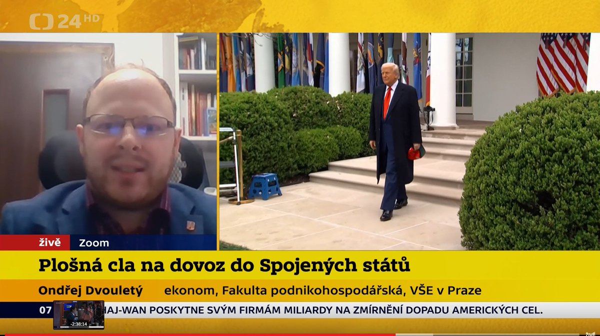 OndraDvoulety's tweet photo. Děkuji za pozvání do České televize, abych mohl zdůraznit, že zavedení plošných cel na dovoz do USA ohrožuje stabilitu mezinárodního obchodu.
#TrumpCustoms #DonaldTrump #TrumpPolicies #Tariffs #Cla #InternationalTrade #MezinárodníObchod #CeskaTelevize #Studio6 https://t.co/MatsSoQg7t