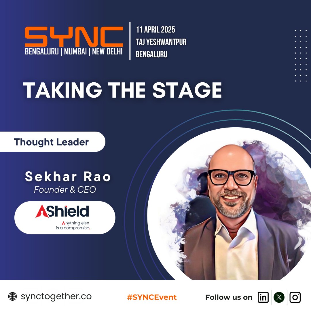 We are delighted to welcome Sekhar Rao, Founder &amp; CEO at AShield Technologies, to SYNC Bengaluru!

🔗 Secure your pass now: synctogether.co/tickets/

#SYNCBengaluru #FinTech #Entrepreneur #Cybersecurity #DigitalInnovation #StartupLife #AShieldTechnology #SYNCEvent