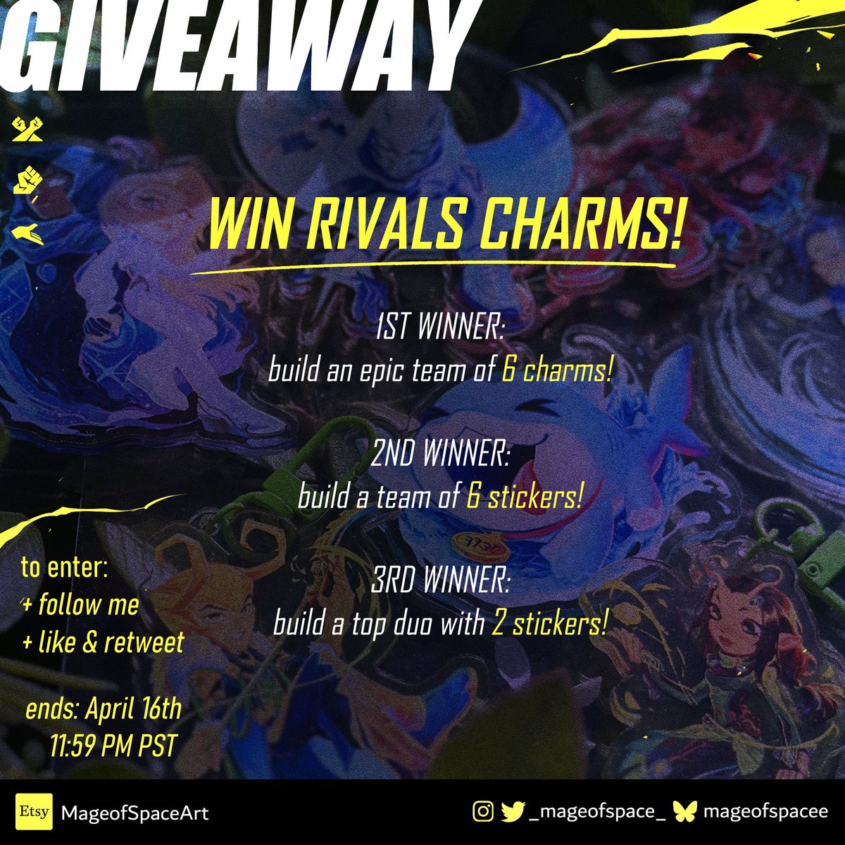 🎉 Marvel Rivals Giveaway! 

⚡️Giveaway ends April 16th, 2025
⚡️Follow me  + Like &amp; RT this post

⚡️1st winner: a team of 6 charms!
⚡️2nd winner: a team of 6 stickers!
⚡️3rd winner: a duo of stickers!

⚡️who would you put in a team? #marvelrivals
