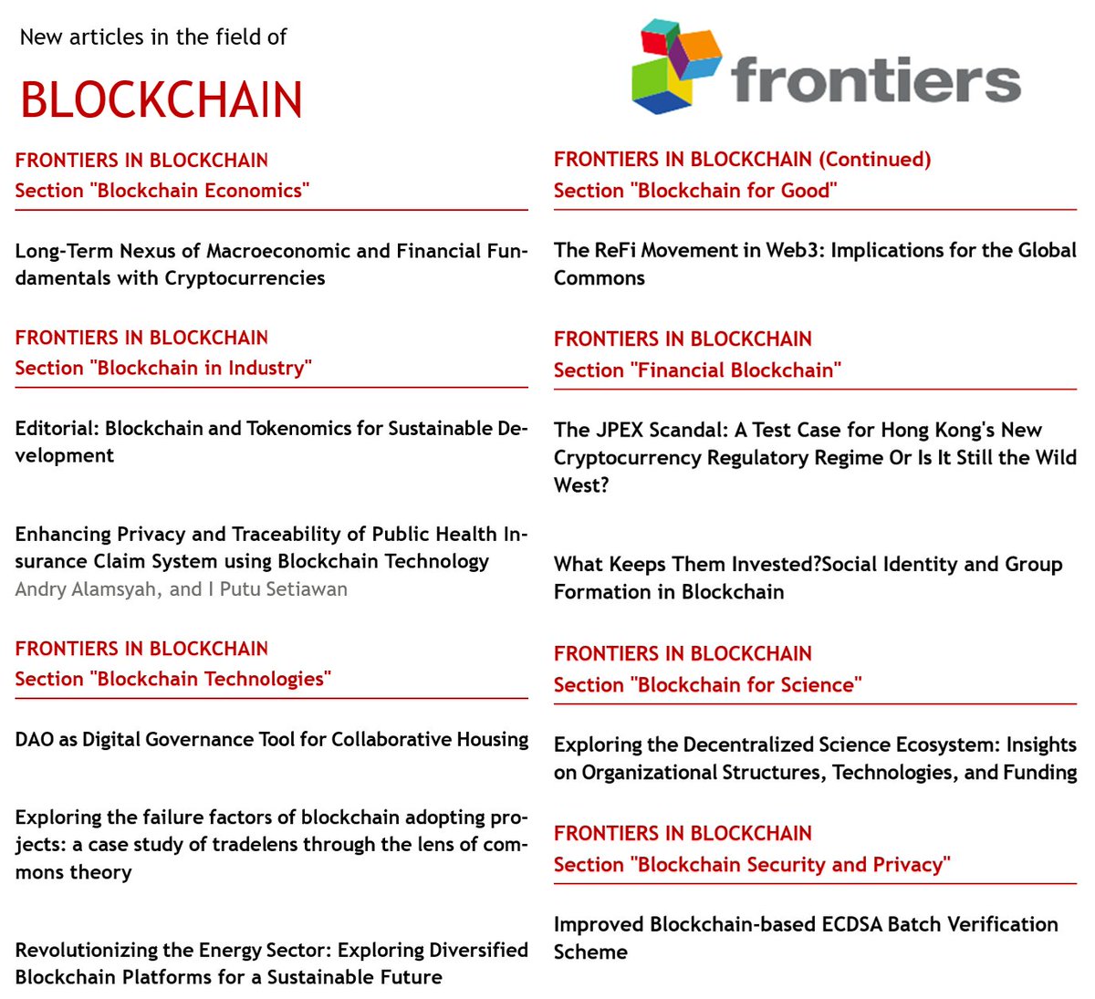APRIL 2025 UPDATE: The world’s leading peer reviewed journal FRONTIERS IN BLOCKCHAIN since 2018 lnkd.in/eViw-kCE Please apply to join the editorial board #blockchain #dlt #4ir #academic #university #journal #openaccess