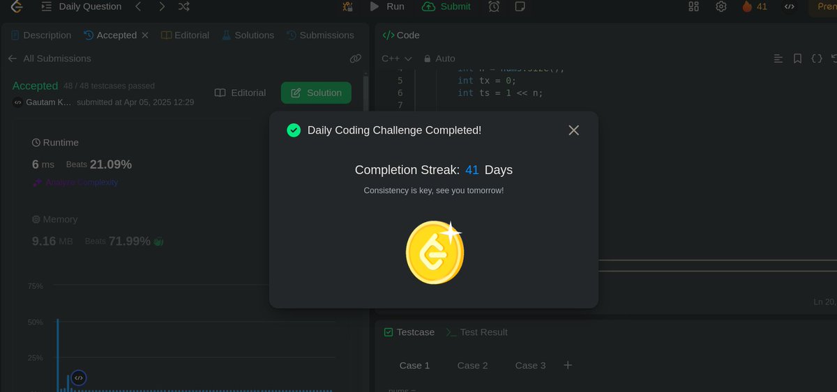 gautamop01's tweet image. Daily routine:
First solve both Problem of the Day on GFG & LeetCode, then start the day :)
BTW, my 500+ day streak broke last month 💔 (heartbreaking, but kya hi kar sakte...)
Coming back stronger with complete story soon; #leetecode #pod #GFG #DSA