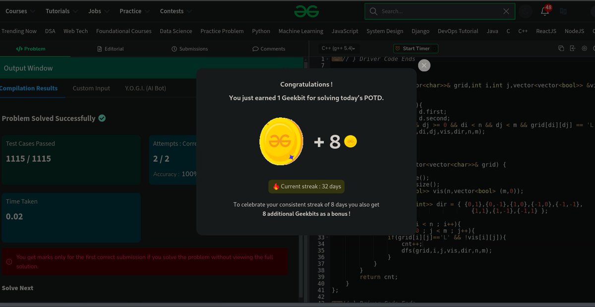 gautamop01's tweet image. Daily routine:
First solve both Problem of the Day on GFG & LeetCode, then start the day :)
BTW, my 500+ day streak broke last month 💔 (heartbreaking, but kya hi kar sakte...)
Coming back stronger with complete story soon; #leetecode #pod #GFG #DSA