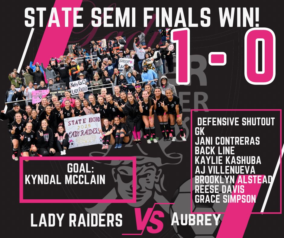LdyRaiderFutbol's tweet photo. 🚨STATE SEMI FINAL WIN!🚨
Your Lady Raiders gave it their ALL and earned a 1-0 win against a talented and tough Aubrey! ONE MORE GAME!!!
#FinnStrong
#RaiderNation https://t.co/TGun9xJnUL