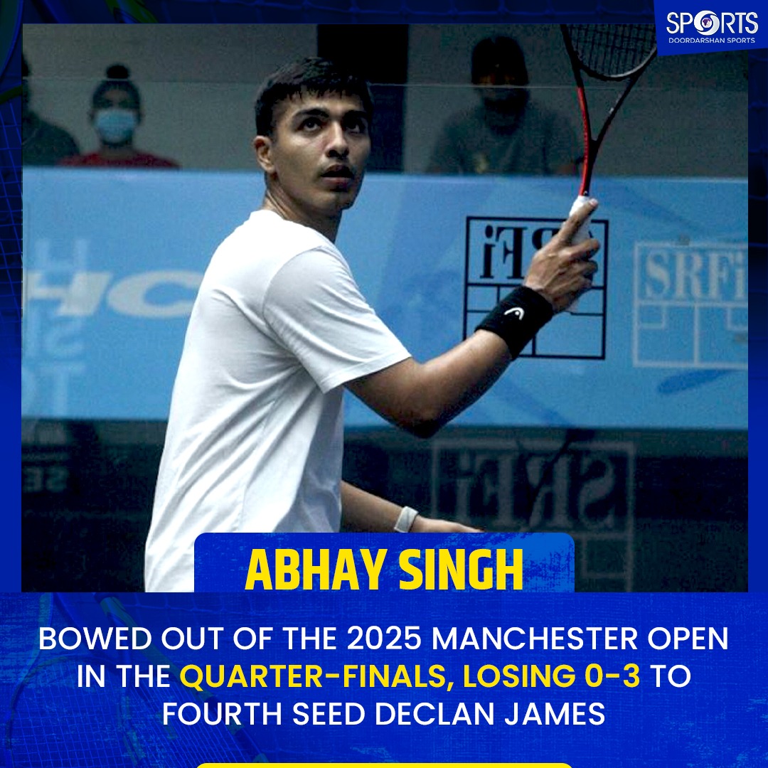 ddsportschannel's tweet photo. A fighting run comes to an end for 🇮🇳 Abhay Singh at the #ManchesterOpen 2025 💥 After impressive wins in the earlier rounds, he bows out in the quarter-finals with a 0-3 loss to 4th seed Declan James. Still, a promising week for the rising star who recently broke into the PSA Top 50! 🔥💪
#Squash #AbhaySingh #PSAWorldTour #IndianSquash
@IndiaSports @Media_SAI @abhaysinghk98 @indiasquash