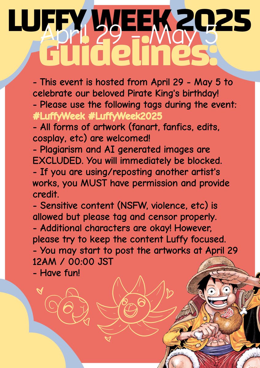 luffyweek's tweet photo. 👒🏴‍☠️ Join us to celebrate our Pirate King's birthday!

❗️This is an UNOFFICIAL event organized by fans for fans. This was made for fun so please enjoy the event once it begins!

#LuffyWeek #LuffyWeek2025 https://t.co/t2WP3ZWoua