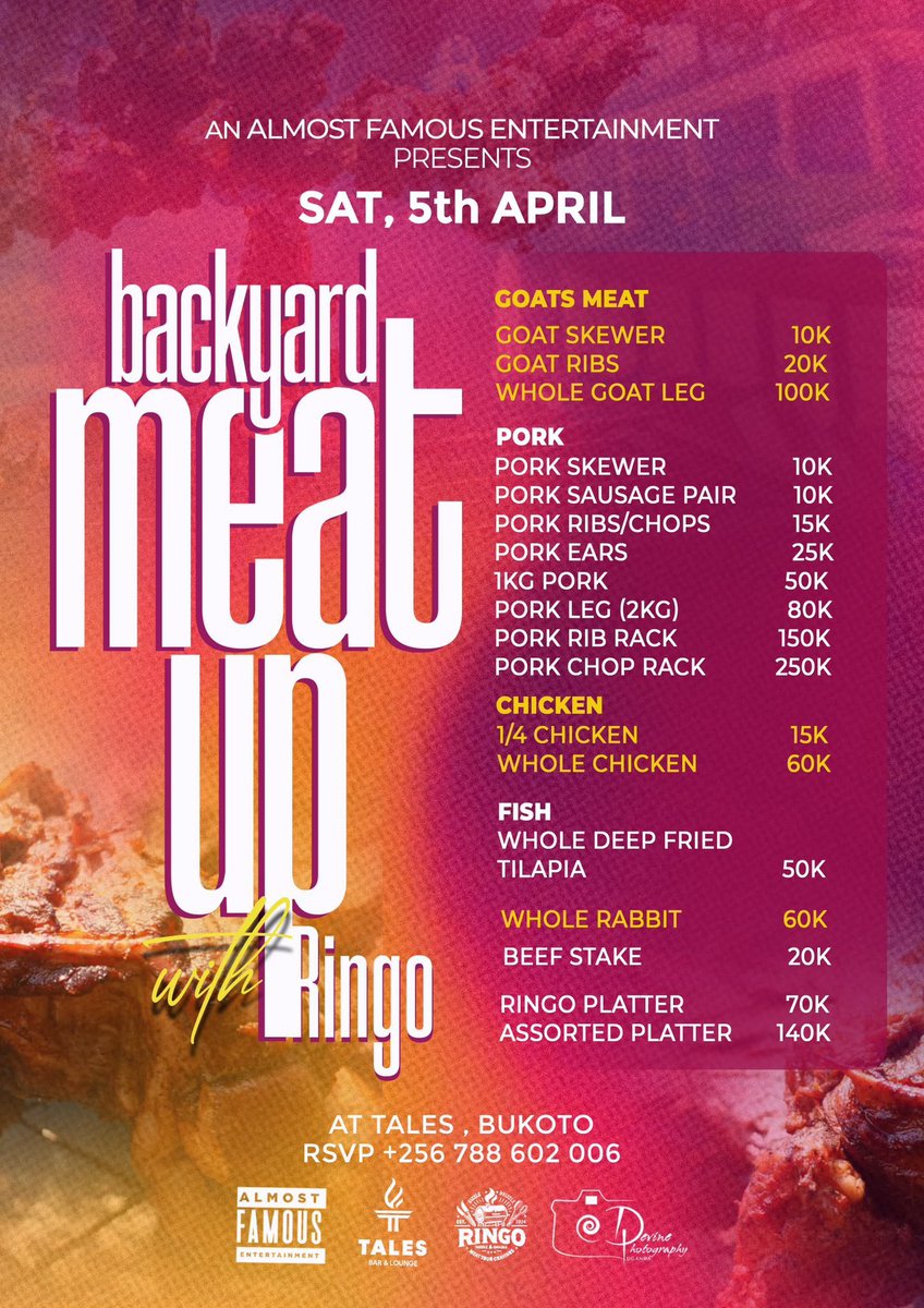 MushroomInc's tweet photo. Today, #BackyardMeatUp rolls into @Taleslounge_kla, Bukoto, with @RingoBbq firing up the grills. Relish smoky, mouthwatering bites, sip ice-cold pints, and lose yourself in the pulsing beats of @DJ_Dranix, @DjHyber, @MadMudokolo, and @MusogaOn. https://t.co/cC16Y35hXs