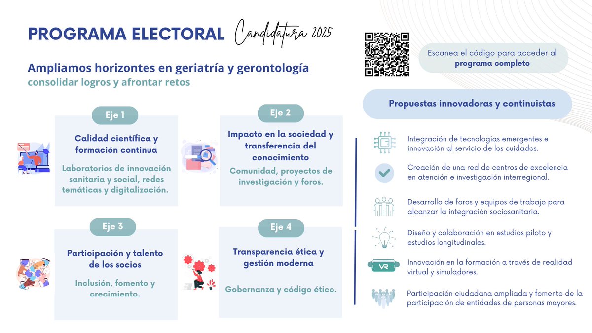 Iniciado el plazo para la renovación de la Junta Directiva de la <a href="/seggeriatria/">SEGG</a>, publicitamos nuestro programa a desarrollar durante los próximos 3 años en la @SEGG. Estamos a vuestra disposición en candidaturahorizontessegg@gmail.com #AmpliandoHorizontesenGeriatríayGerontología.