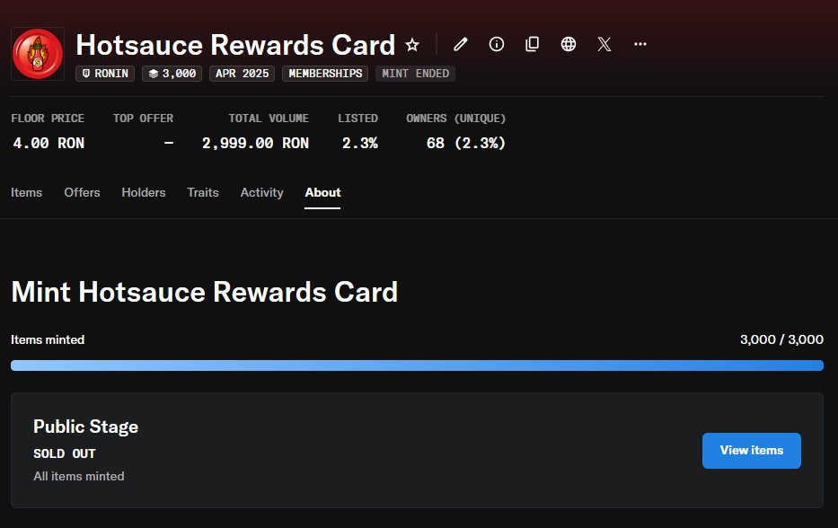🔥 $HOTSAUCE NFT Mint SOLD OUT in less than 3 hours! 🌶️🎉

Huge thanks to everyone who minted and supported the launch! 💪

Missed the mint?
👉 You can still grab one on OpenSea
⚡ Mavis Marketplace listing coming soon!