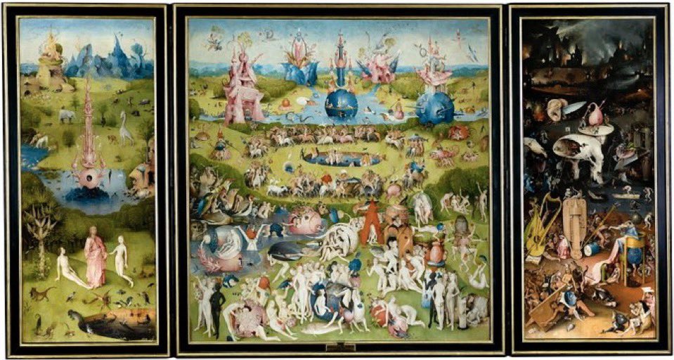 The Garden of Earthly Delights, 1490-1500

El Bosco (Hieronymus Bosch)

🖼️ <a href="/museodelprado/">Museo del Prado</a> 

#DiadelBosco #SaturdayArt