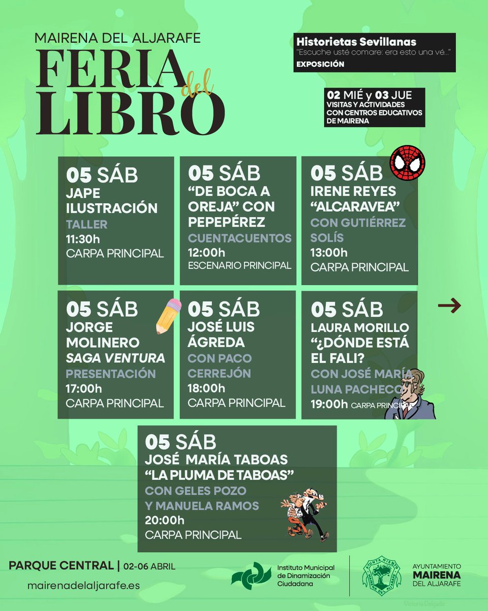 Vaya planazo de sábado en la Feria del Libro de <a href="/MairenaAljarafe/">Mairena del Aljarafe</a> cuentacuentos, taller de Jape, Irene Reyes-Noguerol, Laura Morillo, José Luis Agreda, Jorge Molinero o José María Taboas, te lo vas a perder???