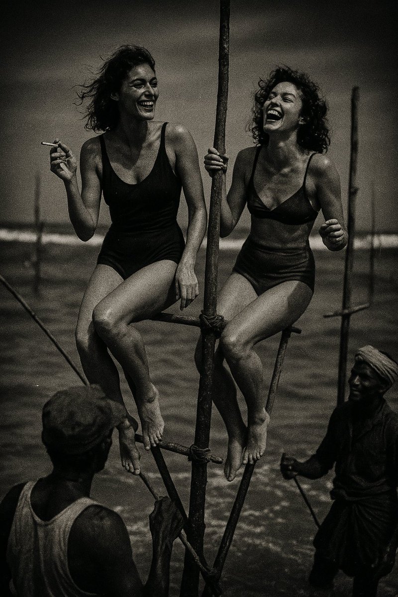 ChehanSiva's tweet photo. Balancing on stilt poles, laughter in the air, and sunshine in every smile ☀️👙💃 These bold ladies bring the heat and the fun to Sri Lanka’s coast — serving looks, flirts, and fearless energy all at once! 🇱🇰🔥

#SriLankaVibes #StiltFun  #IslandLife #imagegen #sora #openai https://t.co/WM7ck3DVcd