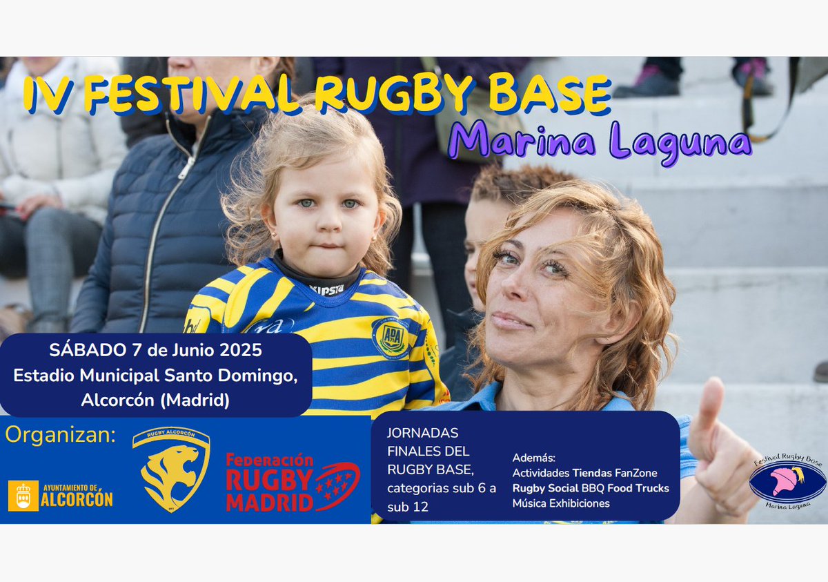 #RugbyBaseFRM 👧🏉👦 LLEGA EL IV FESTIVAL MARINA LAGUNA❗️

📅Sábado 7 de junio
⌚️10:00-13:00 | Jornadas Sub-6/8/10
⌚️16:00-20:00 | Jornada Sub-12
🏟Pol. Municipal Santo Domingo (Alcorcón)

✍️INSCRIPCIONES: rugbybase@rugbymadrid.com

[tweet 1 de 2]

#RugbyMadrid #NuestroRugby