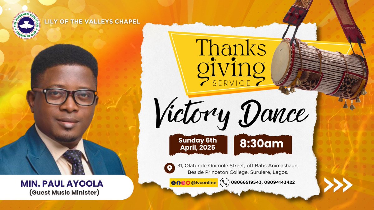 Plan to be part of tomorrow's thanksgiving service by 8:30am at the Church Auditorium. 

Come with your dancing shoes and invite your friends. 

God bless you. 

Victory is ours💃💃💃💃