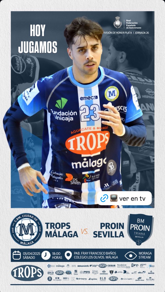 🔥¡HOY JUGAMOS!🔥
🏆 J. 26. División de Honor Plata.
⚔️ <a href="/fTROPS/">TROPS</a> <a href="/BMCiudadDMalaga/">TROPS MÁLAGA BM.</a> 🆚 <a href="/bm_prointegrada/">Cajasol Sevilla BM Proin</a> Sevilla.
⌚️18 horas.
📍<a href="/colegioolivos/">Colegio Los Olivos</a>.
📺 TV: youtube.com/live/IDl7-IBH-…

😀 La recaudación irá destinada a la organización de la fase sectorial del campeonato de España juvenil.