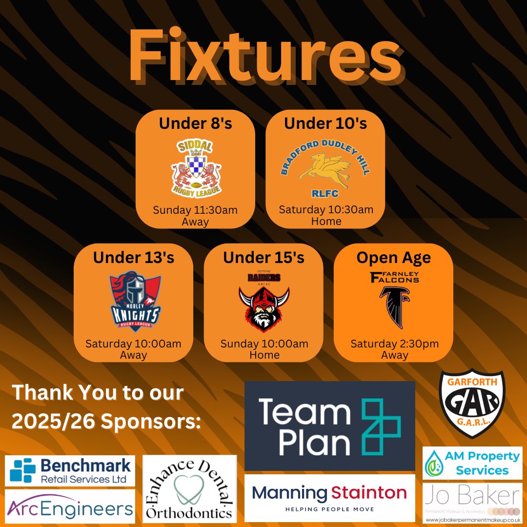 🐅 This weekend sees 2 games at Glebelands Park and the return of our Open Age!

Good luck to all our teams!

🖤❤️

#UpTheTigers #GarforthTigers #RugbyLeague #Garforth #Tigers #Rugby #League
