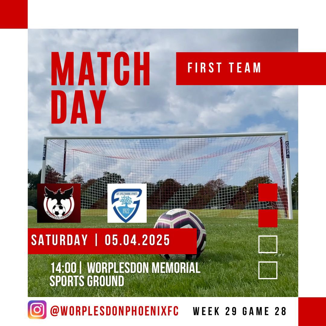 Worplesdon Phoenix FC (@wpfcfirstteam) on Twitter photo 🚨⚽️GAME DAY ⚽️🚨
1st at home today looking to bounce back from last week’s semifinal defeat. Lots to play for still as the face
🆚 <a href="/AFCSpelthorne/">AFC Spelthorne</a>
🏆 <a href="/SurreyWestern/">Surrey County Intermediate League (Western)</a>
📅 05/04/25
⏰ 2pm
🏟 Memorial Ground
📍 GU3 3RF
All support welcome!
🔴⚫️🔵⚫️ #UTP 🚨⚽️GAME DAY ⚽️🚨
1st at home today looking to bounce back from last week’s semifinal defeat. Lots to play for still as the face
🆚 <a href="/AFCSpelthorne/">AFC Spelthorne</a>
🏆 <a href="/SurreyWestern/">Surrey County Intermediate League (Western)</a>
📅 05/04/25
⏰ 2pm
🏟 Memorial Ground
📍 GU3 3RF
All support welcome!
🔴⚫️🔵⚫️ #UTP