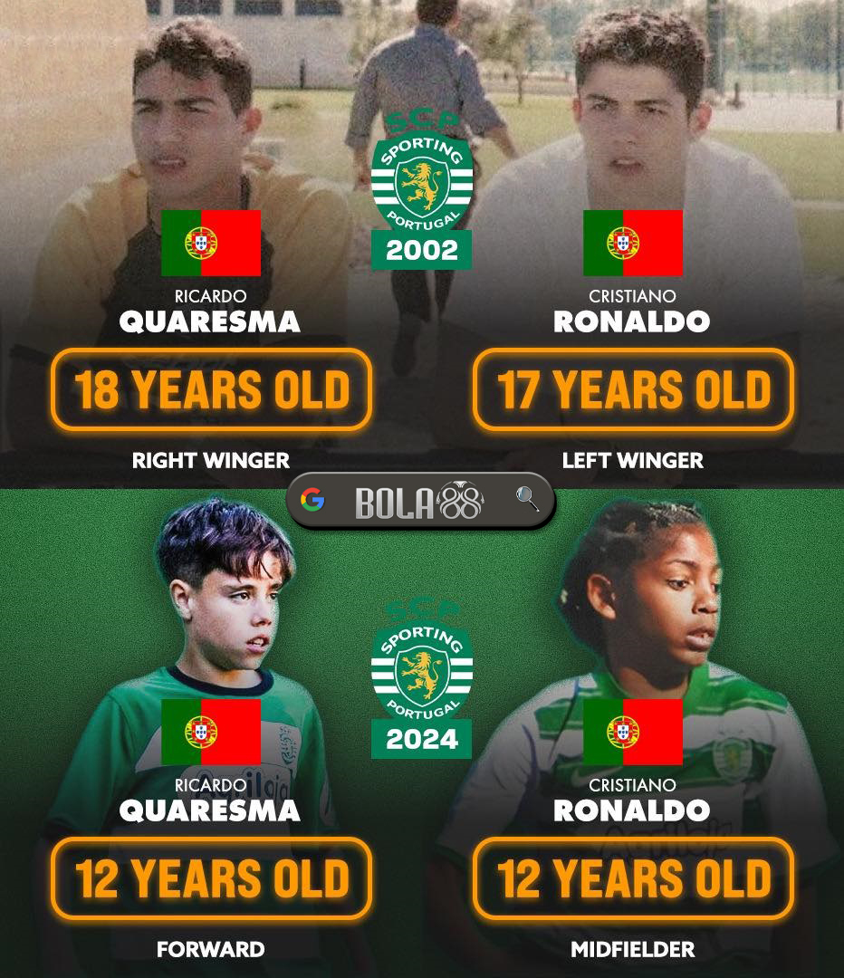📅 2002:
Ricardo Quaresma yang berusia 18 tahun dan Cristiano Ronaldo yang berusia 17 tahun sama-sama menjadi bagian dari Tim Utama Sporting CP.
📅 2024:
Ricardo Quaresma yang berusia 12 tahun (putra Ricardo Quaresma) dan Cristiano Ronaldo yang berusia 12 tahun menjadi bagian