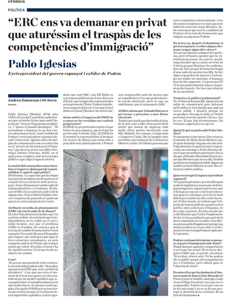 Jordi Turull i Negre (@jorditurull) on Twitter photo Segons <a href="/PabloIglesias/">Pablo Iglesias 🔻{R}</a>, si Catalunya reclama les competències en immigració és per fer mal. Si les exerceix un govern espanyol, no. La seva concepció del model d'Estat fa esgarrifar però a VOX els deu deixar molt tranquils.
Del titular algú ja donarà explicacions. Esperem…. Segons <a href="/PabloIglesias/">Pablo Iglesias 🔻{R}</a>, si Catalunya reclama les competències en immigració és per fer mal. Si les exerceix un govern espanyol, no. La seva concepció del model d'Estat fa esgarrifar però a VOX els deu deixar molt tranquils.
Del titular algú ja donarà explicacions. Esperem….
