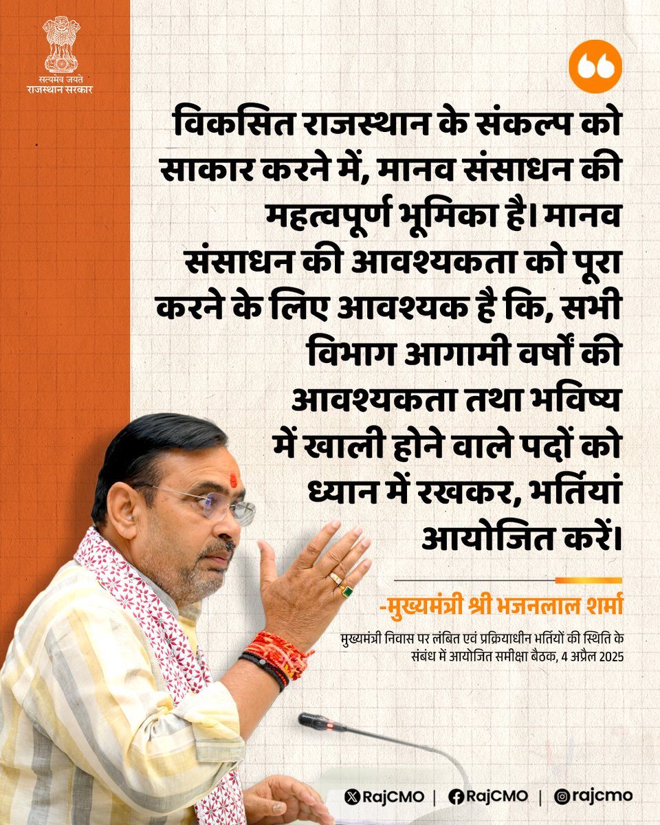 RajCMO's tweet image. भर्तियों को समयबद्ध एवं पारदर्शी तरीके से पूरा करने के लिए, सभी विभाग मिशन मोड पर कार्य करें।
@BhajanlalBjp
#हर_घर_खुशहाली
#आपणो_अग्रणी_राजस्थान
