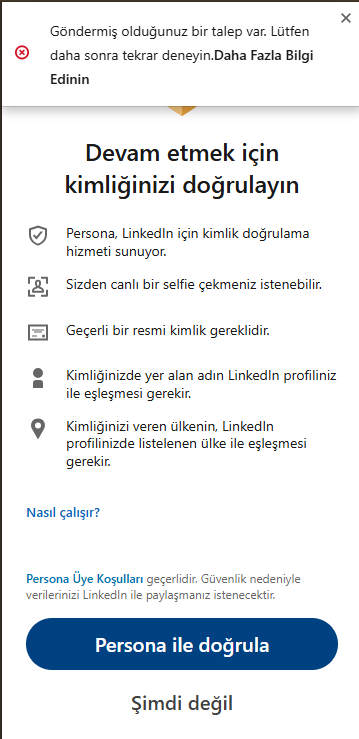 uzaibilim's tweet photo. @LinkedInHelp 
Hello, temporary access restriction has been applied to my account. When I try to verify my identity, I get the error in the image. I cannot access my messages and job interviews. It has been 1 week. Please help.
@LinkedInHelp https://t.co/SY8LX8Qgra