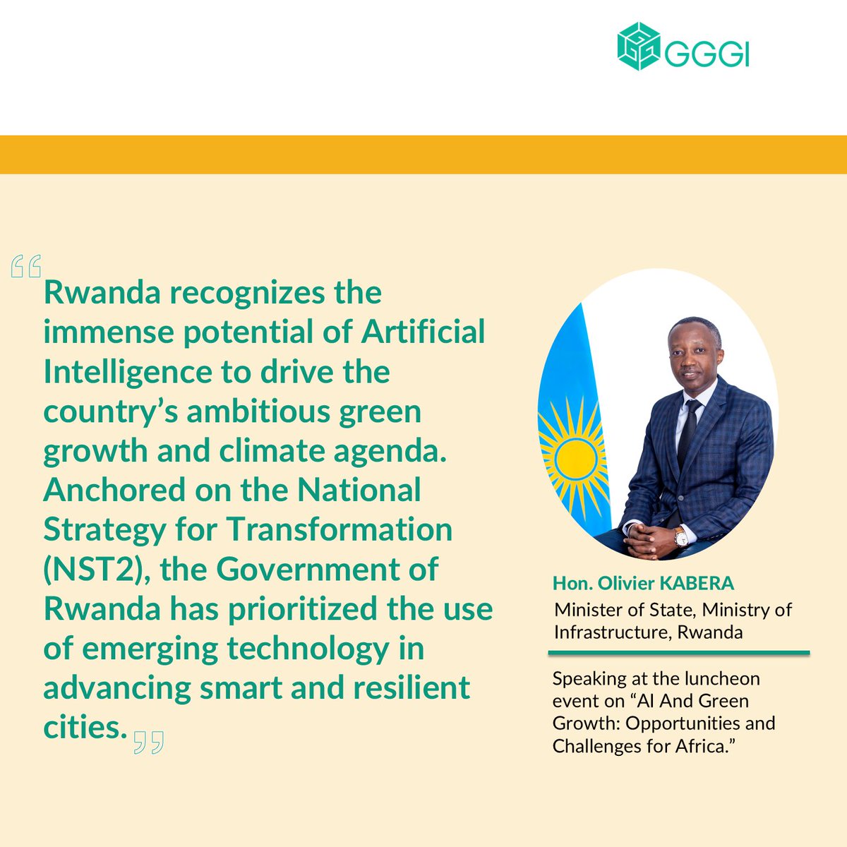 GGGI_Rwanda's tweet photo. Speaking at the AI and Green Growth event yesterday, the Minister of State at @RwandaInfra Hon. @O_Kabera noted that the Government of #Rwanda recognizes the immense potential of AI to drive the country’s ambitious green growth and climate agenda.

#AI4GreenGwoth #GreenRwanda🌿 https://t.co/ucP3o60AfA
