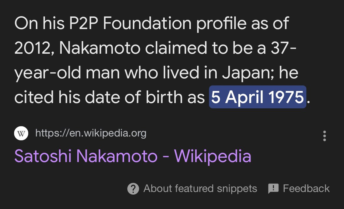 CryptooIndia's tweet image. Satoshi Nakamoto listed April 5, 1975, as his birthday.
Some theorize that the date referenced April 5, 1933, when the US banned private gold ownership via Executive Order 6102.
Today he turns 50, happy birthday Satoshi! 🧡🎉