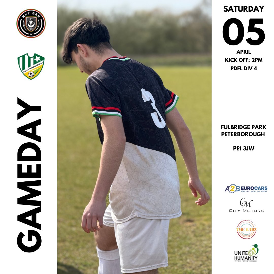 ⚫️MATCHDAY ⚫️

🏆 PDFL
⚽️ FC Peterborough Dev
⏰ 14:00
🗓 05.04.25
📍 FULBRIDGE ROAD, PETERBOROUGH, PE1 3JW